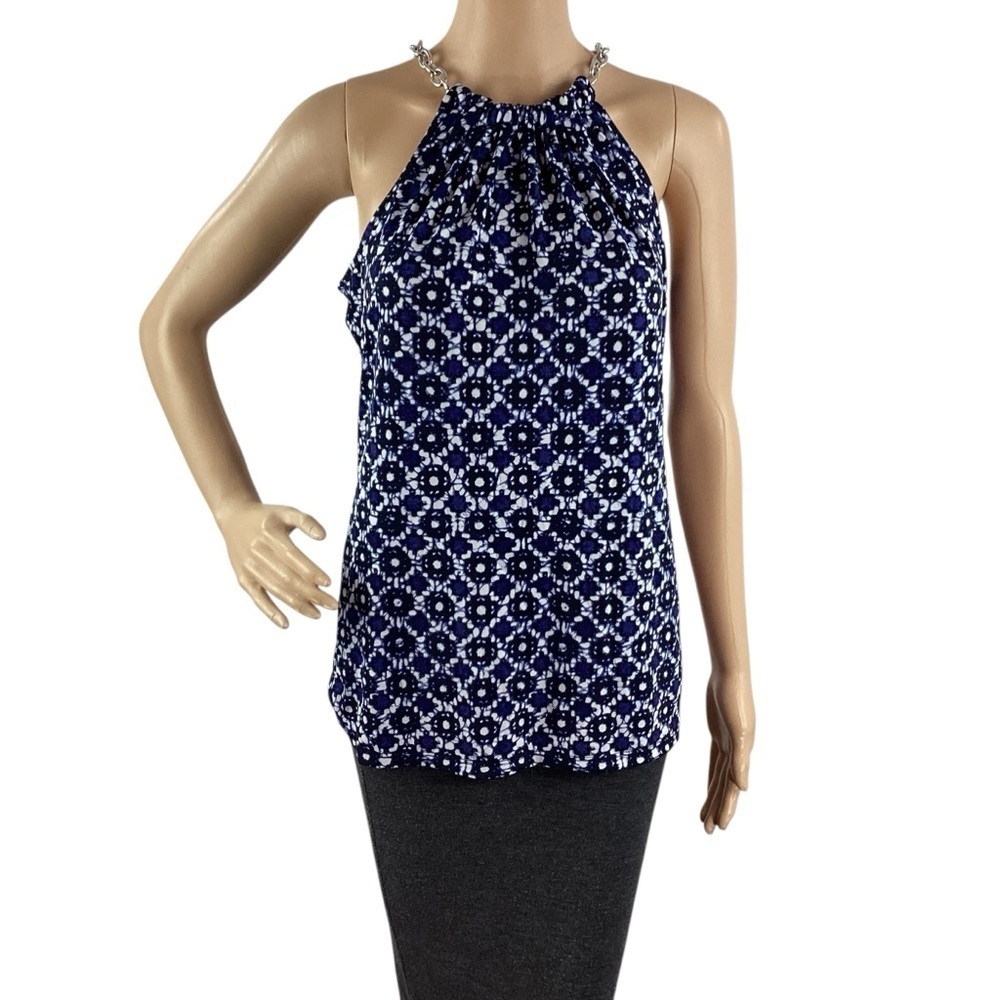 Michael Michael Kors Chain Strap Halter Top Blue White Print Size M